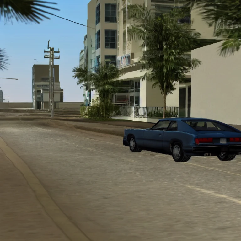 <lora:ViceCity-1avi:0.75>, vicecitylplw, lowpoly, black car, rainy weather, night, alone
