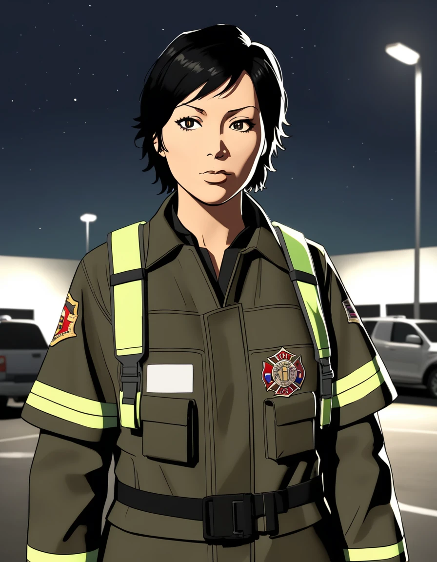 1girl, <lora:TalianaAnimagine:0.7>,Taliana,very short hair,wearing firefighter costume,black coat,reflective vest,stern face,standing in parking lot,at night