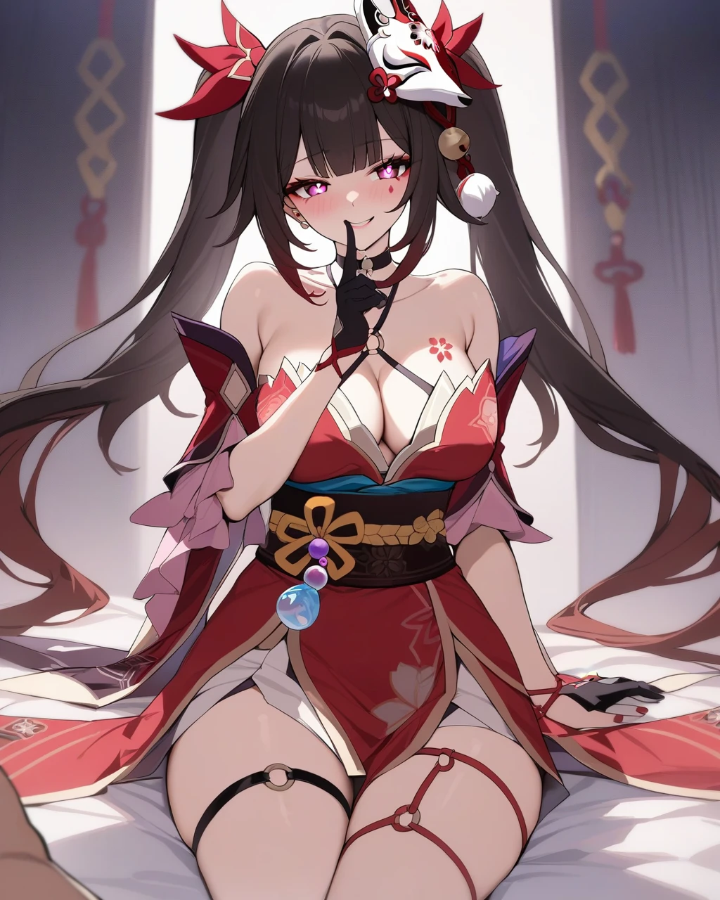masterpiece,best quality,<lora:sparkle:1>,sparkle \(honkai: star rail\), 1girl, nipples, breasts, gloves, looking at viewer, large breasts, fox mask, mask, smile, o-ring, pov, blush, red nails, kimono, japanese clothes, finger to mouth, pov hands, bare shoulders, body writing, hair ornament, symbol-shaped pupils, off shoulder, thigh strap, black gloves