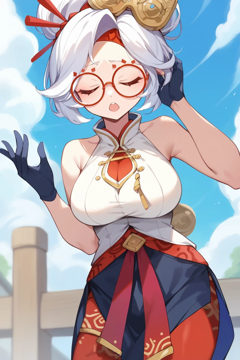 score_9, score_8_up, source_anime, masterpiece, best quality, 1girl, solo,  <lora:purah-pdxl-nvwls-v1-000005:1> purah, hair ornament, red headband, red glasses, sleeveless shirt, black skirt, red leggings, gloves, (large breasts:0.8), closed eyes, sighing, hand to own head, open mouth, exasperated, looking at viewer, blue sky, standing, cowboy shot, anger veins, bare shoulders