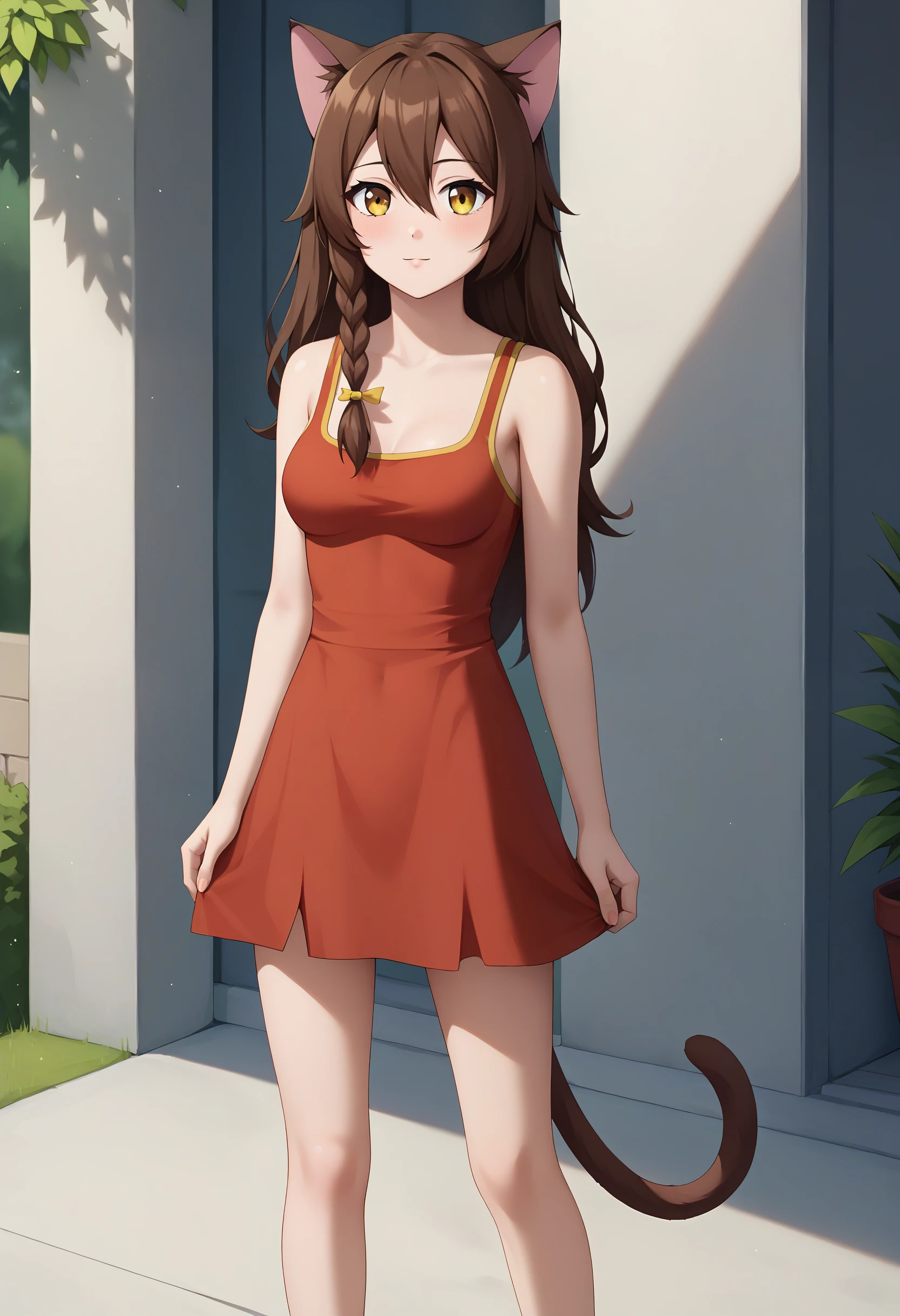 score_9, UVAO, 1girl, looking at viewer, brown_hair, cat_ears, hair_between_eyes, single braid, long_hair, yellow_eyes, red dress, outdoors, medium breasts, standing <lora:UVAO-XL-pony:0.8>