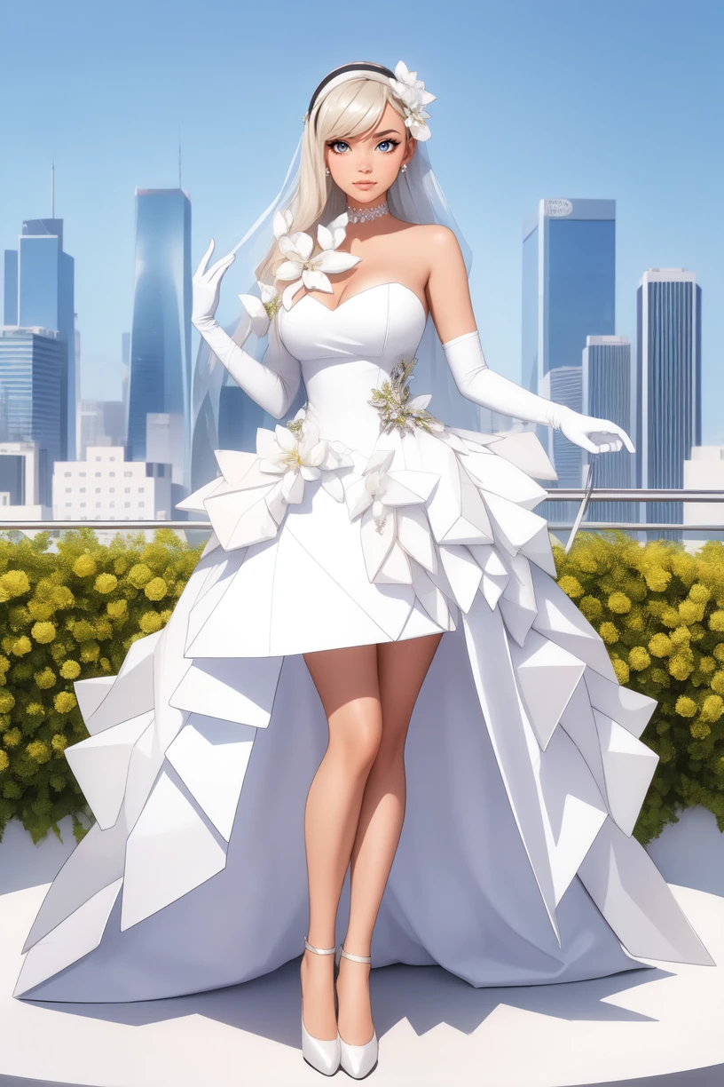 (full body:1.2), adult, large breasts, woman, wearing lgdress_1, one shoulder short white dress, unique, avant-garde silhouette, metallic sheen,large crystal embellishments adorning the dress from the waist and shoulders, gloves, hair decoration, <lora:lgdress_1-11:0.6>, A contemporary rooftop garden with sustainable urban farming, showcasing vertical gardens and hydroponic systems, high heels