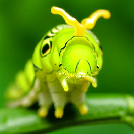 <lora:Osmeterium_v1:0.7>,solo, simple background, blurry, no humans, depth of field, blurry background, animal, from above, traditional media, background, green background, realistic, yellow antennae, chromatic aberration, green skin, animal focus, green theme, Osmeterium, caterpillar