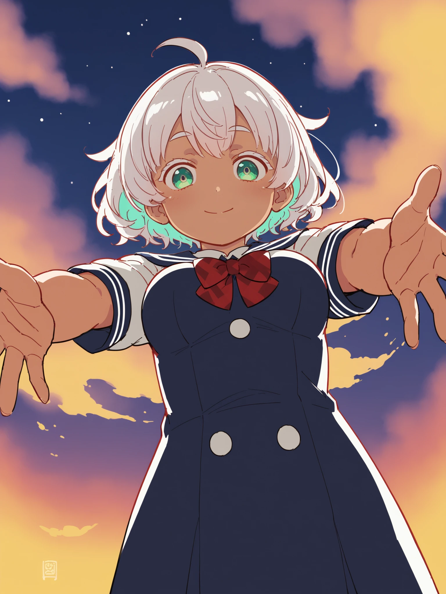 score_9,source_anime,1girl,light blush,dark skin,light smile,upper body,reaching out,from below,medium breasts,white hair,multicolored hair,colored eyelashes,beautiful_detailed_eyes,short hair,messy hair,green eyes,multicolored eyes,standing,looking at viewer,spread arms,school uniform,night sky,<lora:Himukai_Yuuji_XL:0.8>,closed mouth,