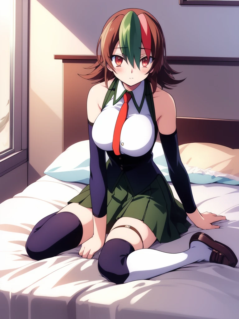<lora:Sai_Hinoki:0.8>, Hinoki, 1girl, solo, dyed bangs, thighhighs, multicolored hair, two-tone hair, necktie, brown hair, red eyes, skirt, large breasts, thigh strap, breasts, school uniform, detached sleeves, green hair, sitting, bare shoulders, wariza,
room, bed,
masterpiece, high quality, very_high_resolution, large_filesize, full color,