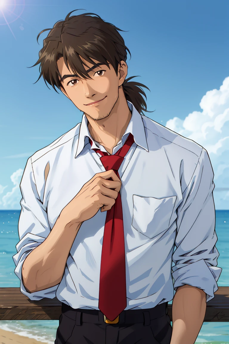 (1 image only),  solo male,  Ryoji Kaji,  Neon Genesis Evangelion,  Asian,  Japanese,  dark brown hair,  bangs,  short ponytail,  dark brown eyes,  (thin stubble),  blue collared shirt,  red sleeves rolled up,  necktie,  black pants,  smile,  (mature,  masculine),  handsome,  charming,  alluring,  pov,  upper body,  table,  perfect anatomy,  perfect proportions,  (best quality,  masterpiece),  ((perfect eyes,  perfect eye pupil)),  perfect hands,  high_resolution,  dutch angle,  (simple blue ocean background,  simple blue sky,  sunny),<lora:EMS-296078-EMS:0.600000>