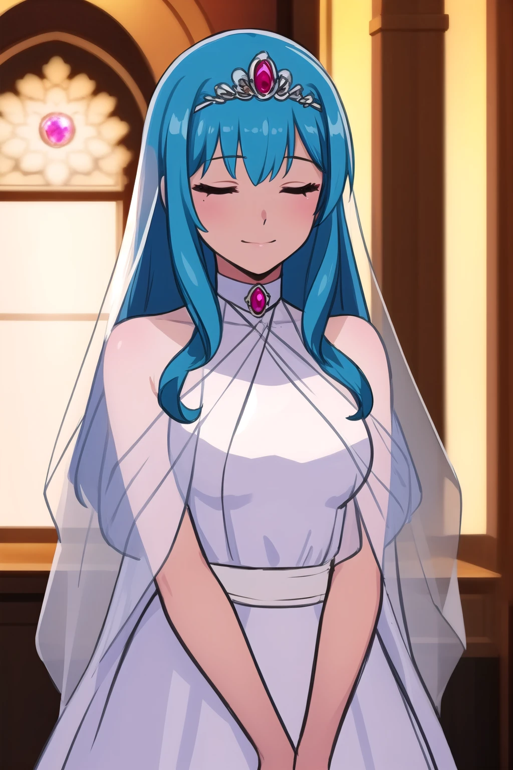 (masterpiece, best quality), highly detailed background, perfect lightingbest quality, maiaPS, solo, indoors, bridal veil, light blue hair, tiara, gem, circlet, bangs, long hair, makeup, closed eyes, breasts, choker, collar, jewelry, wedding dress, white dress, white gloves, frilled skirt, smile, closed mouth, pink lips, <lora:Marina-Le-Cille:0.7>