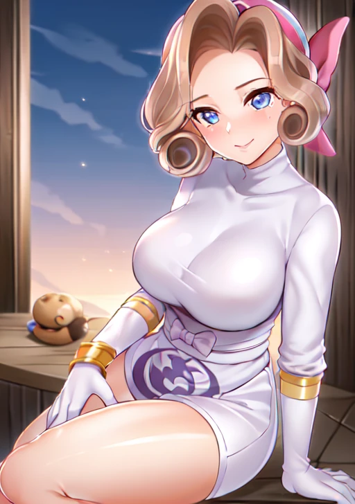<lora:Palina:0.8>, palina, 1girl, solo, breasts, looking at viewer, blush, smile, short hair, blue eyes, large breasts, brown hair, gloves, bow, jewelry, sitting, closed mouth, hair bow, thighs, shiny, white gloves, mole, bracelet, mole under eye, curly hair