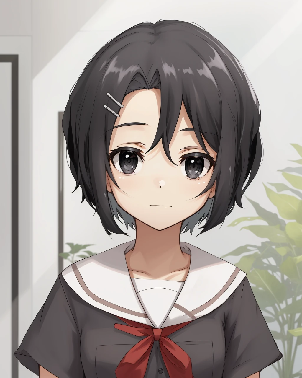 <lora:Yuzuki_Yuuna-10:0.8>,1girl,solo,school uniform, black hair,black eyes,hair ornament,short hair,serafuku,short sleeves, ribbon,