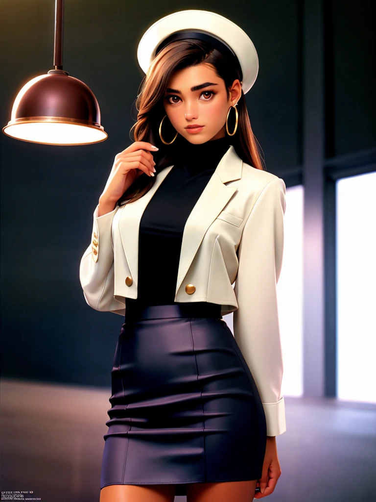 A beautiful y4sm1nlb woman,1girl,solo,long hair,looking at viewer,skirt,brown hair,shirt,hat,holding,brown eyes,jewelry,jacket,earrings,dark skin,dark-skinned female,formal,headwear removed,hoop earrings,holding clothes,holding hat,soft lighting, professional Photography, Photorealistic, detailed, RAW, analog, sharp focus, 8k, HD, high quality, masterpiece<lora:y4sm1nlb:1.0>