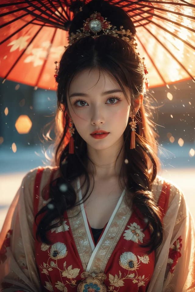 Warm Snow,1girl,solo,umbrella,oil-paper umbrella,blurry,looking at viewer,hair ornament,red lips,upper body,black hair,chinese clothes,depth of field,lips,blurry background,realistic,bokeh,makeup,lipstick,
best quality,masterpiece,illustration,an extremely delicate and beautiful,CG,unity,8k wallpaper,Amazing,finely detail,masterpiece,official art,extremely detailed CG unity 8k wallpaper,incredibly absurdres,huge filesze,ultra-detailed,highres,extremely detailed,beautiful detailed girl,realistic,<lora:Warm Snow:0.8>,
