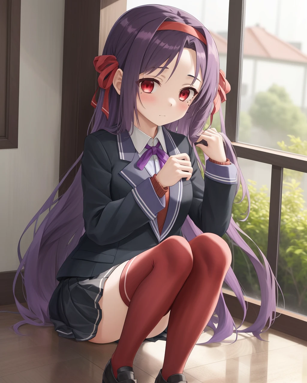 <lora:Uesato_Hinata-10:0.7>,1girl,solo,very long hair,red eyes,purple hair,hair band,hair ribbon,school uniform,jacket,red thighhighs,