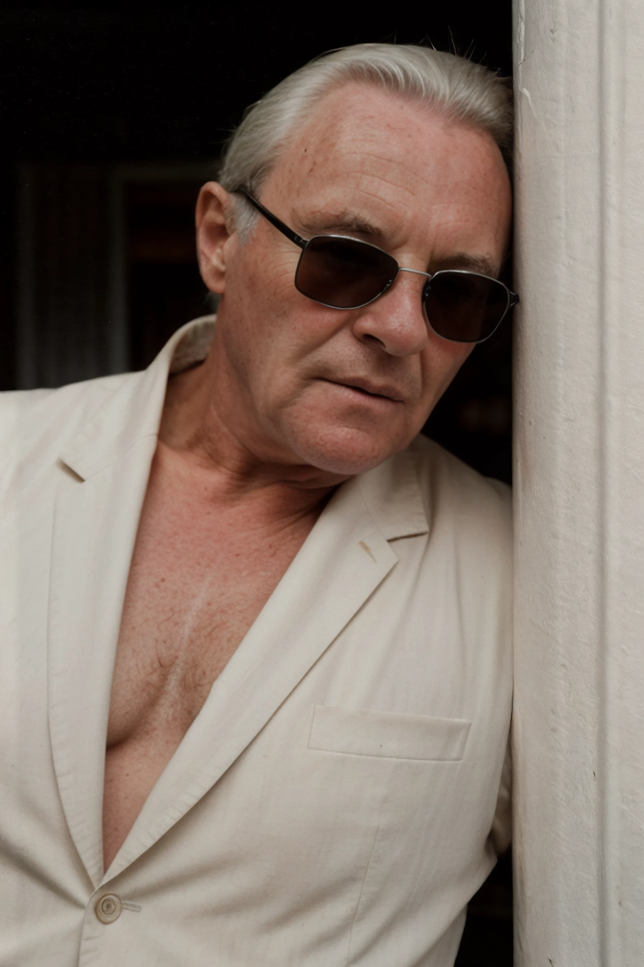 Muscular chubby old man, gangster 50s of the 20th century, mature dad, domineering and sexy sharp stern  face, short beard, naked and wearing only a long open cashmere coat, hat on head and cowboy boots, right hand holding a Thompson machine gun raised, smoldering cigar in left hand, hairy chest with small protruding nipples, bearish hairy belly, penis, hair on chest and belly stuck to the skin from sweat, dad's pose is repulsive and sexually alluring to him, full body side view, Chicago in the 50s , twilight,(best quality, 4k, 8k, high, masterpiece: 1.2), ultra detailed, ( realistic, photorealistic, photorealistic: 1.37), detailed face, intricate details, cinematic lighting, dramatic lighting, cinematic angle, cinematic pose, dramatic shadows