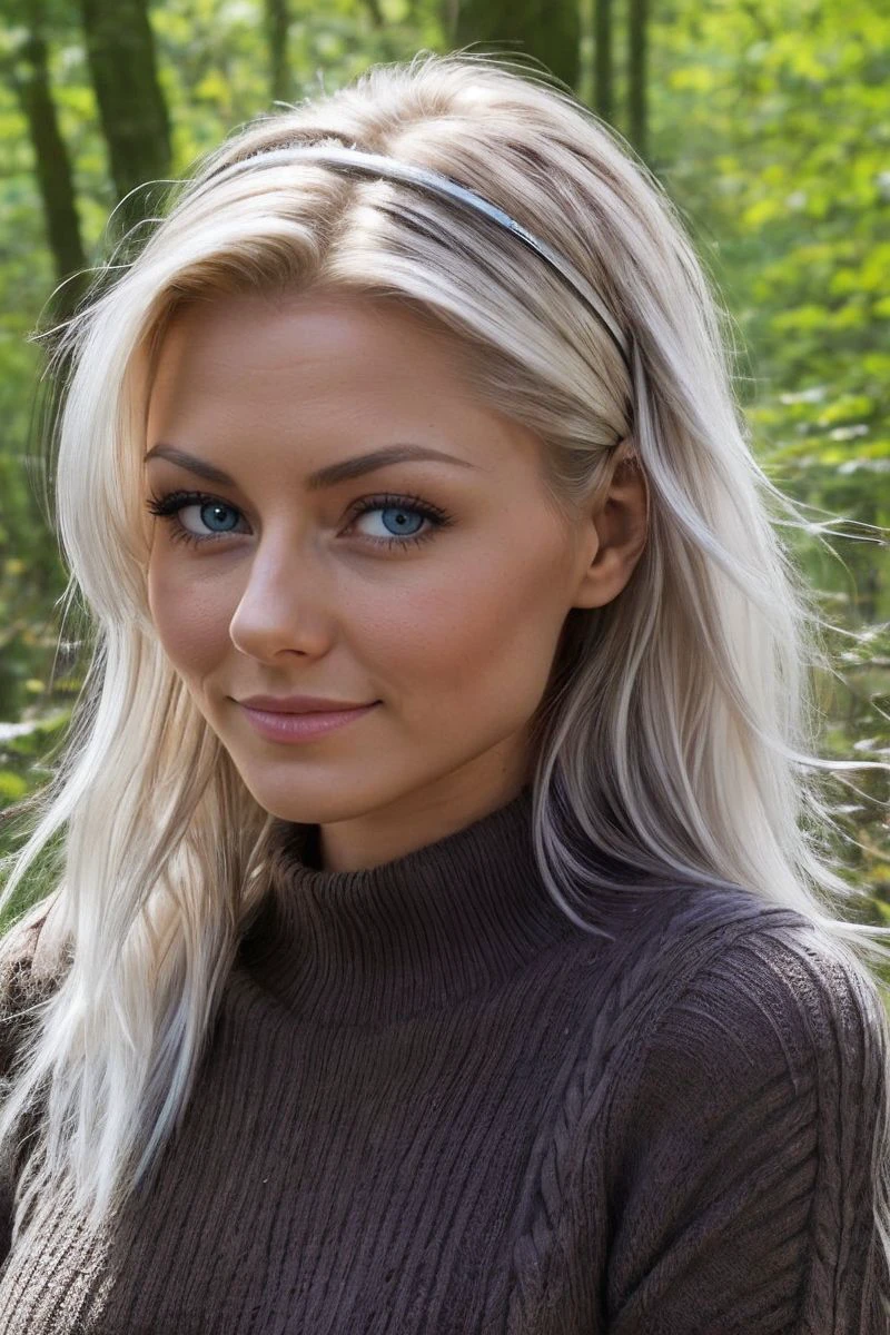 closeup headshot of S323_AnnelyGerritsen,a beautiful woman,in a (forest:1.1),wearing a (sweater:1.1),(hairband),(4k, RAW photo, best quality, depth of field, ultra high res:1.1),(absurdres, intricate, photorealistic, masterpiece, ultra-detailed:1.1),