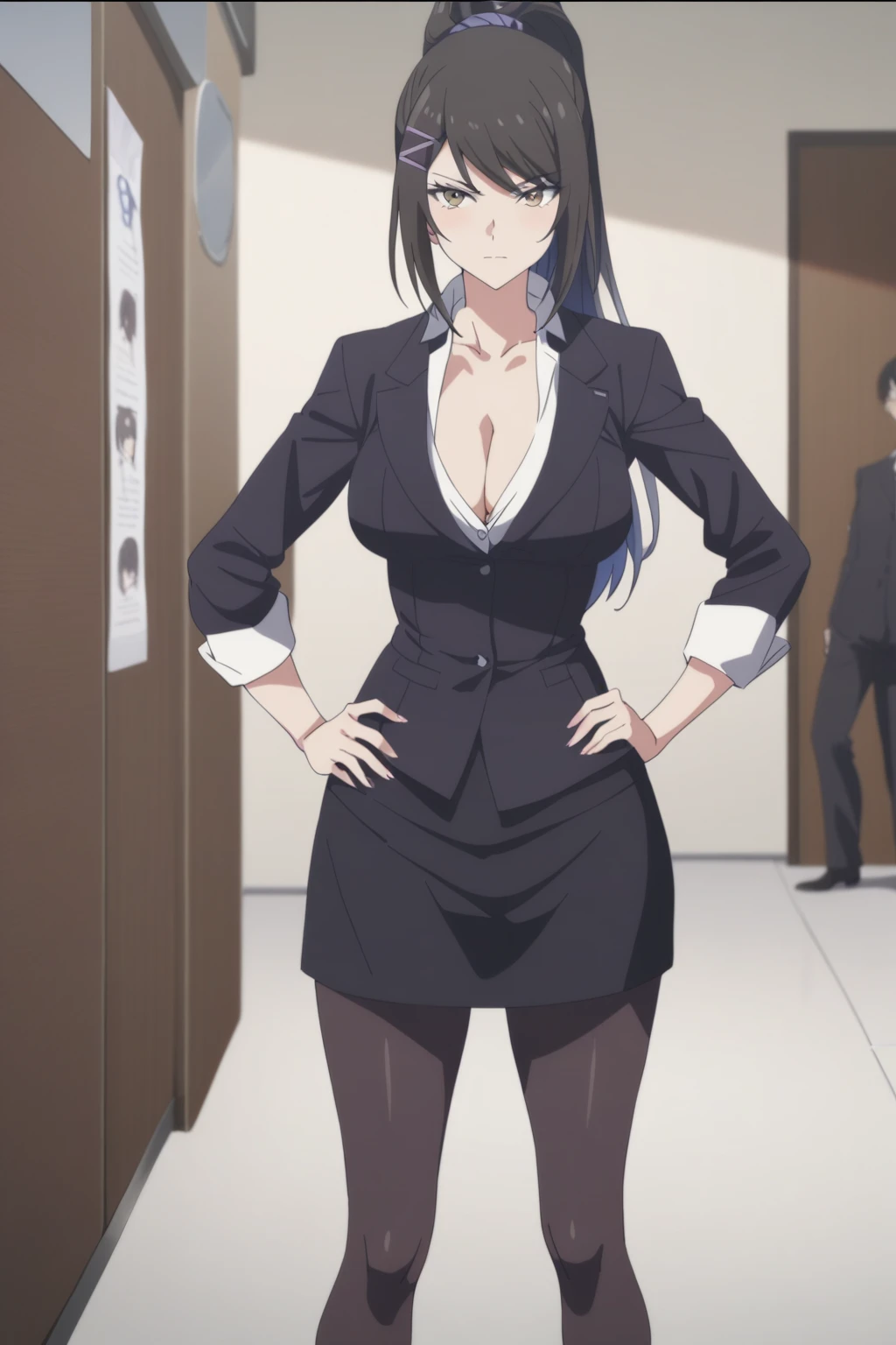 <lora:ChabashiraJitsukyo_AnimagineXLV3:0.8> chabashira, 1girl, solo, ponytail, black hair, hairclip, breasts, cleavage, formal, suit, pencil skirt, black pantyhose,
(looking at viewer), standing, hand on hip, 
[anime screencap::0.8], masterpiece,best quality,