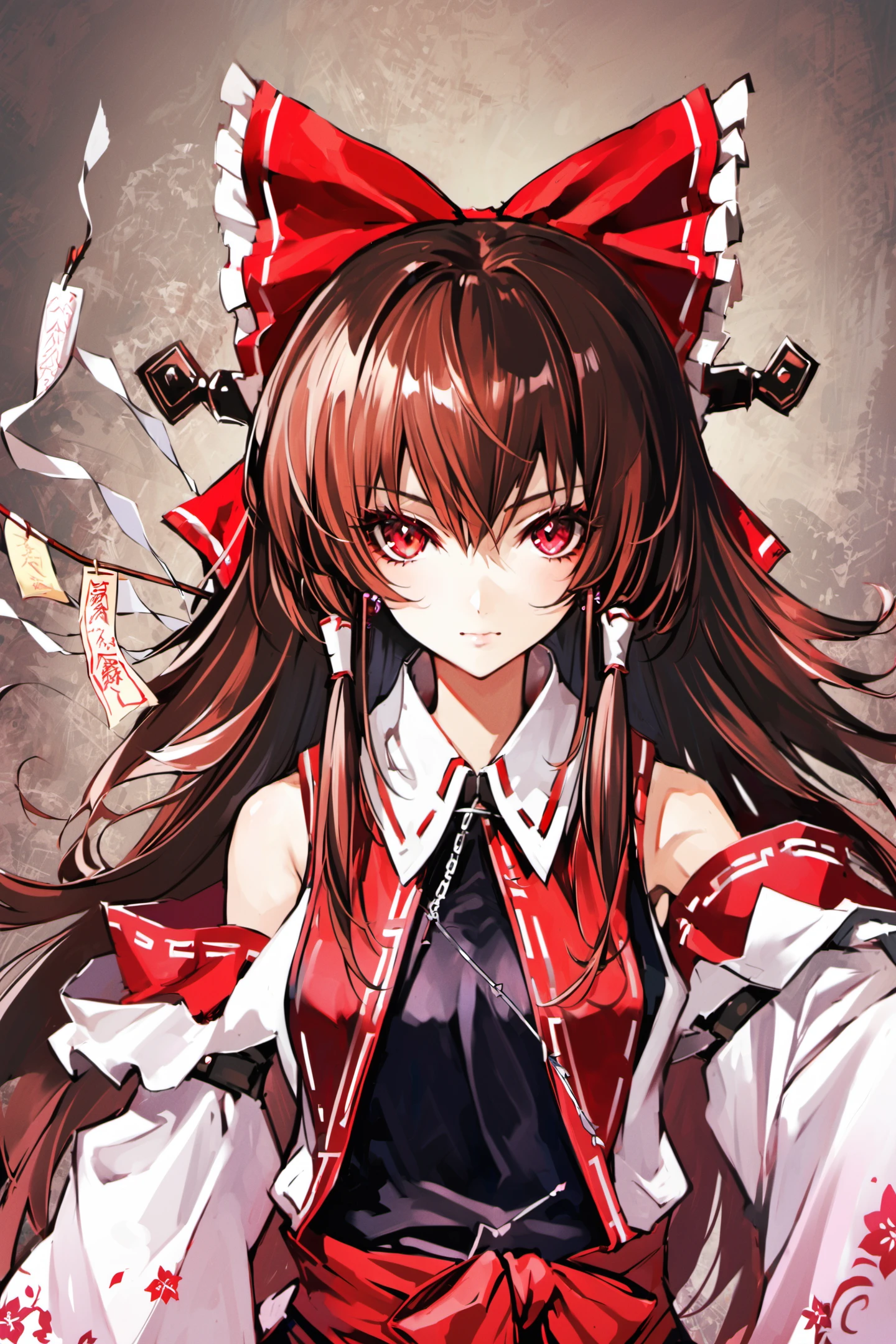 1girl, solo, hakurei reimu, bow, detached sleeves, hair bow, gohei, red bow, alternate costume, ofuda, brown hair, long hair, hair tubes, ribbon,upper body,<lora:Banpai Akira_XL:0.8>