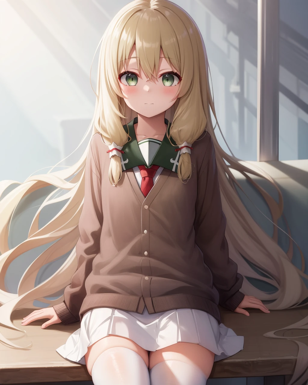<lora:Kokudo_Aya-10:1>,1girl, solo,green eyes,blond hair,very long hair,sidelocks,hair tubes,hair between eyes,school uniform,white shirt, white skirt, white socks, red necktie, brown cardigan,serafuku,