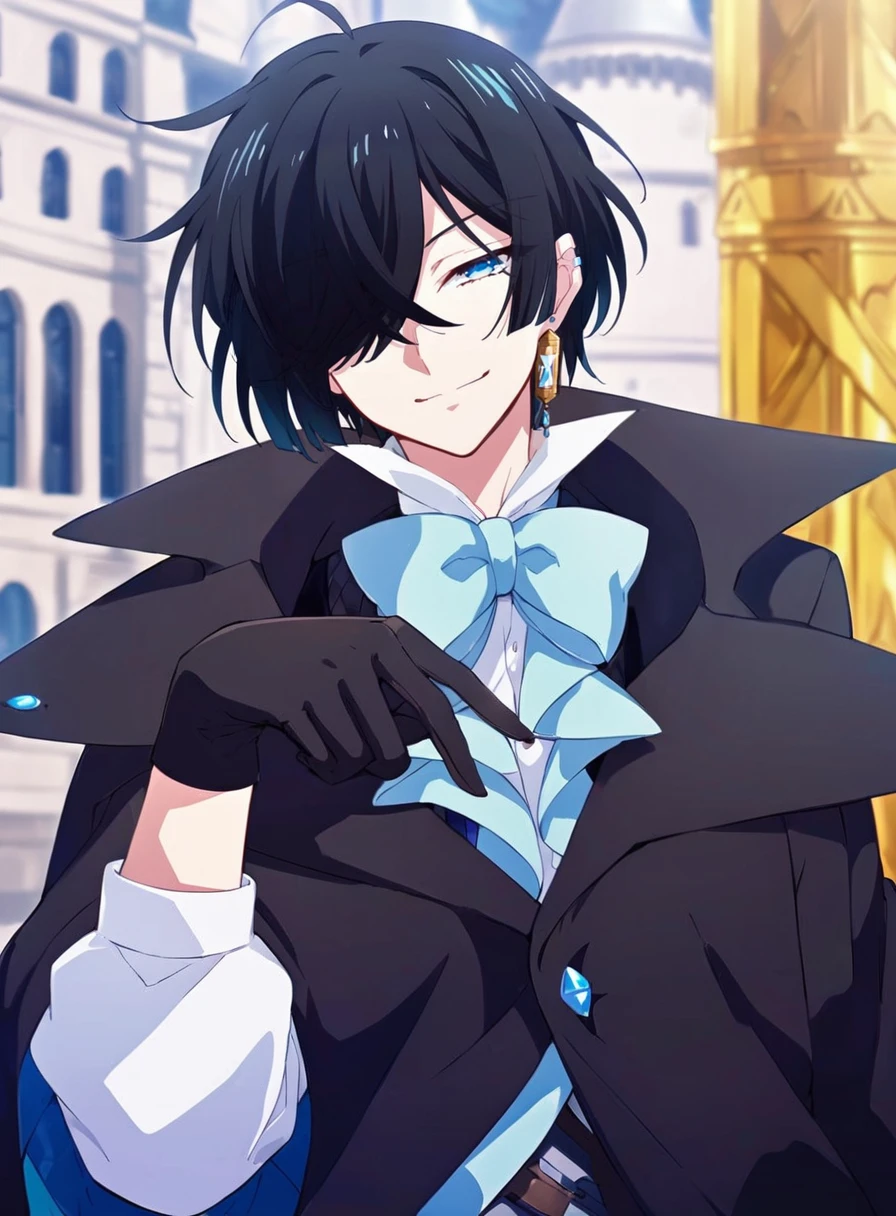 anime artwork Vanitas in a beatiful castle,solo,smile,looking at viewer,short hair,blue eyes,shirt,black hair,gloves,long sleeves,1boy,bow,jewelry,closed mouth,white shirt,upper body,male focus,earrings,half-closed eyes,black gloves,collared shirt,bowtie,hair over one eye,shadow,one eye covered,cowboy shot,<lora:vanitasxl-000003:1>, . anime style, key visual, vibrant, studio anime, highly detailed