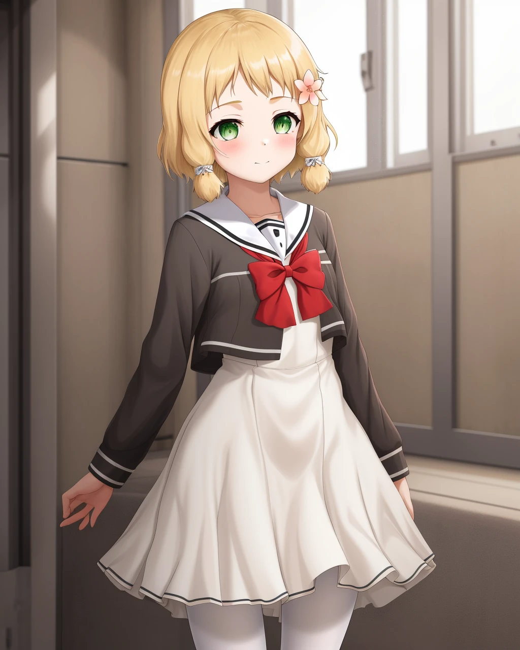 <lora:Inubozaki_Itsuki-10:0.8>,1girl, solo,short hair, green eyes, hair flower, blonde hair,skirt,hair ornament,hairclip,bow,dress,school uniform, pantyhose, , red bowtie,white dress,