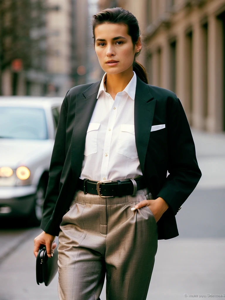 A beautiful y4sm1nlb woman,1girl,solo,shirt,gloves,jacket,belt,pants,blurry background,watermark,web address,brown gloves,watch,hand in pocket,realistic,white pants,wristwatch,brown belt,soft lighting, professional Photography, Photorealistic, detailed, RAW, analog, sharp focus, 8k, HD, high quality, masterpiece<lora:y4sm1nlb:1.0>