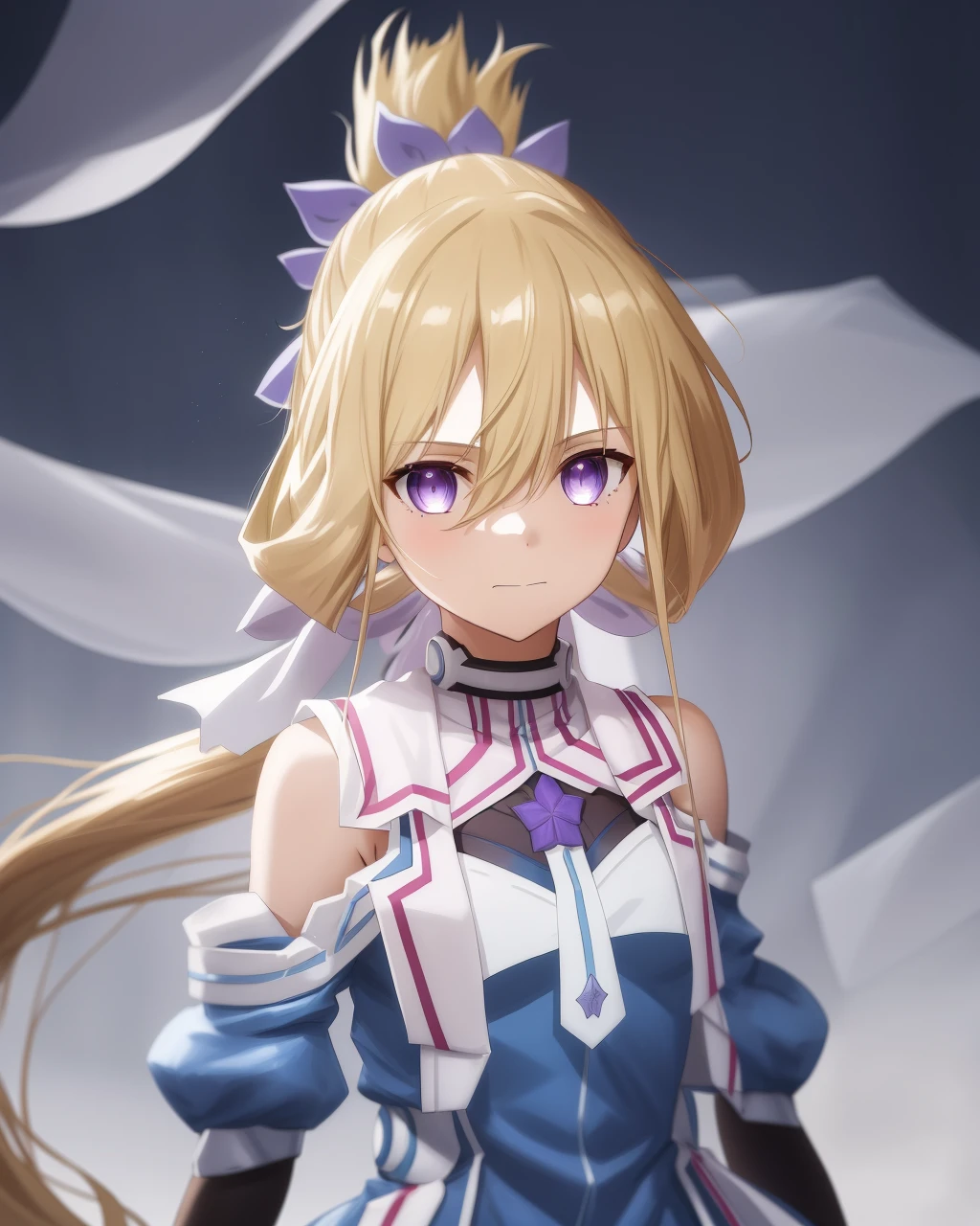 <lora:Nogi_Wakaba-10:0.8>,1girl, solo, blonde hair,very long hair,purple eyes, ponytail,hair between eyes, ribbon, bare shoulders, blue dress, blue sleeves,Magic Girl,