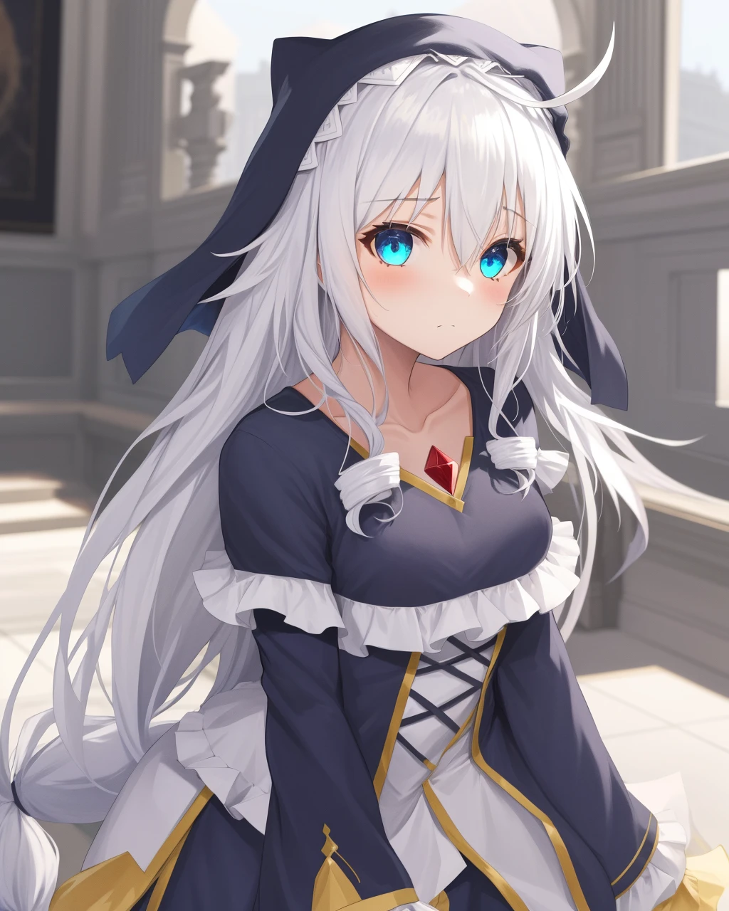 <lora:Eris-10:1>,1girl,solo,blue eyes,white hair,hair between eyes, very long hair,Ahoge, collarbone, frills, nun,long sleeves,dress,