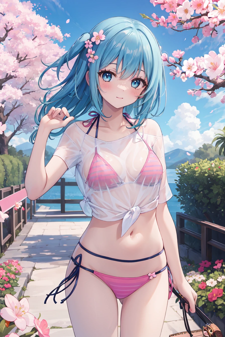 masterpiece,best quality,highres,ultra-detailed,solo,cowboy shot,1girl,medium_breasts,long hair,light blue hair,standing,outdoors,garden,cherry blossom,trees,see-through shirt,bikini under clothes, pink bikini,