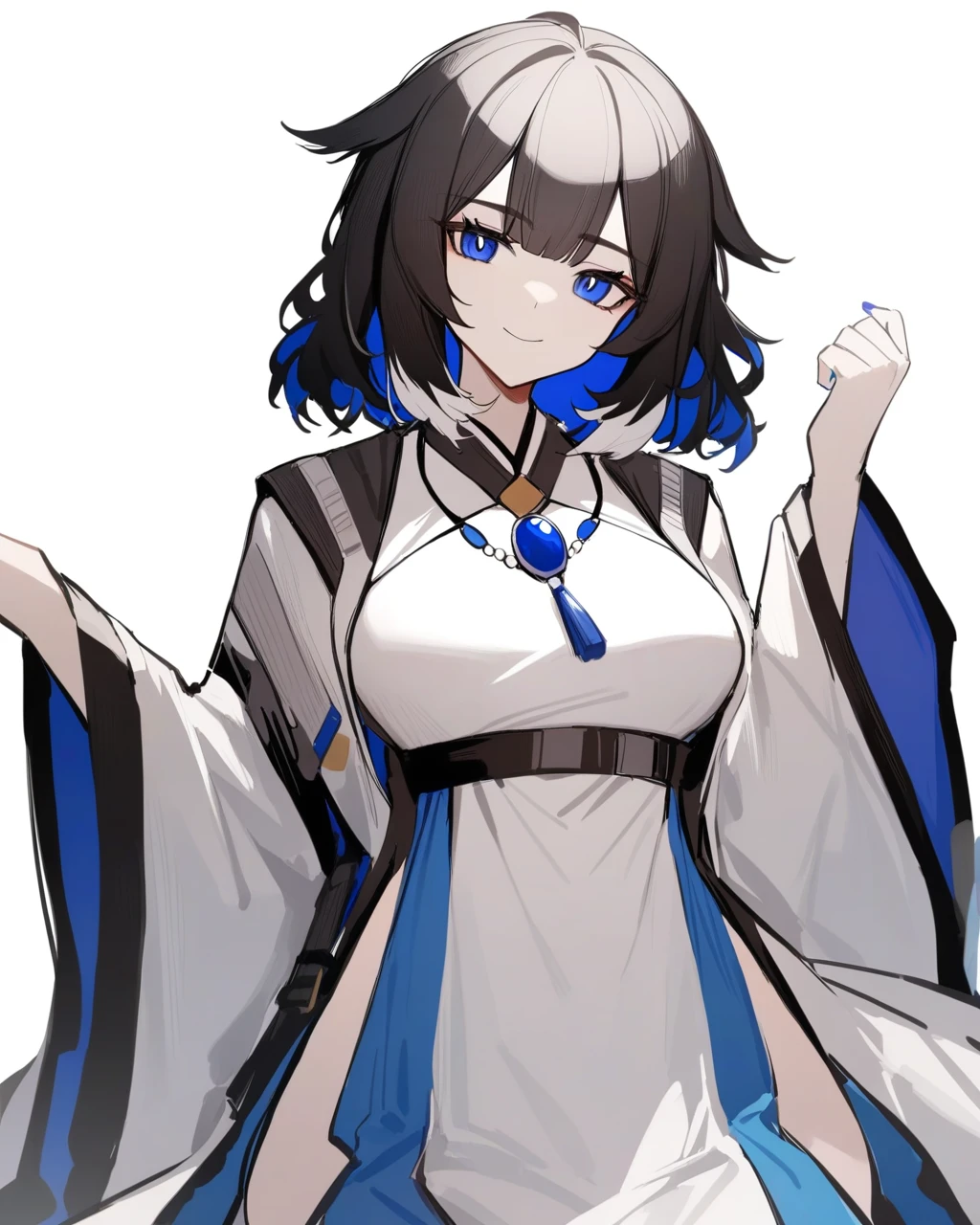 masterpiece,best quality,<lora:kjera:1>,kjera (arknights), 1girl, solo, white background, simple background, upper body, looking at viewer, hand up, smile, closed mouth, two-tone hair, medium breasts, white dress, long sleeves, wide sleeves, blue nails, necklace