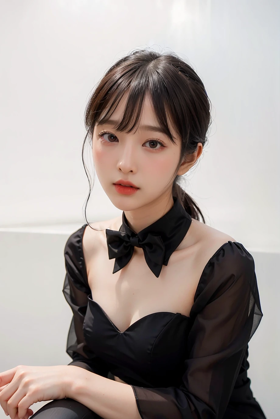1girl, black formal attire, white background, <lora:Deerlong-04:1>