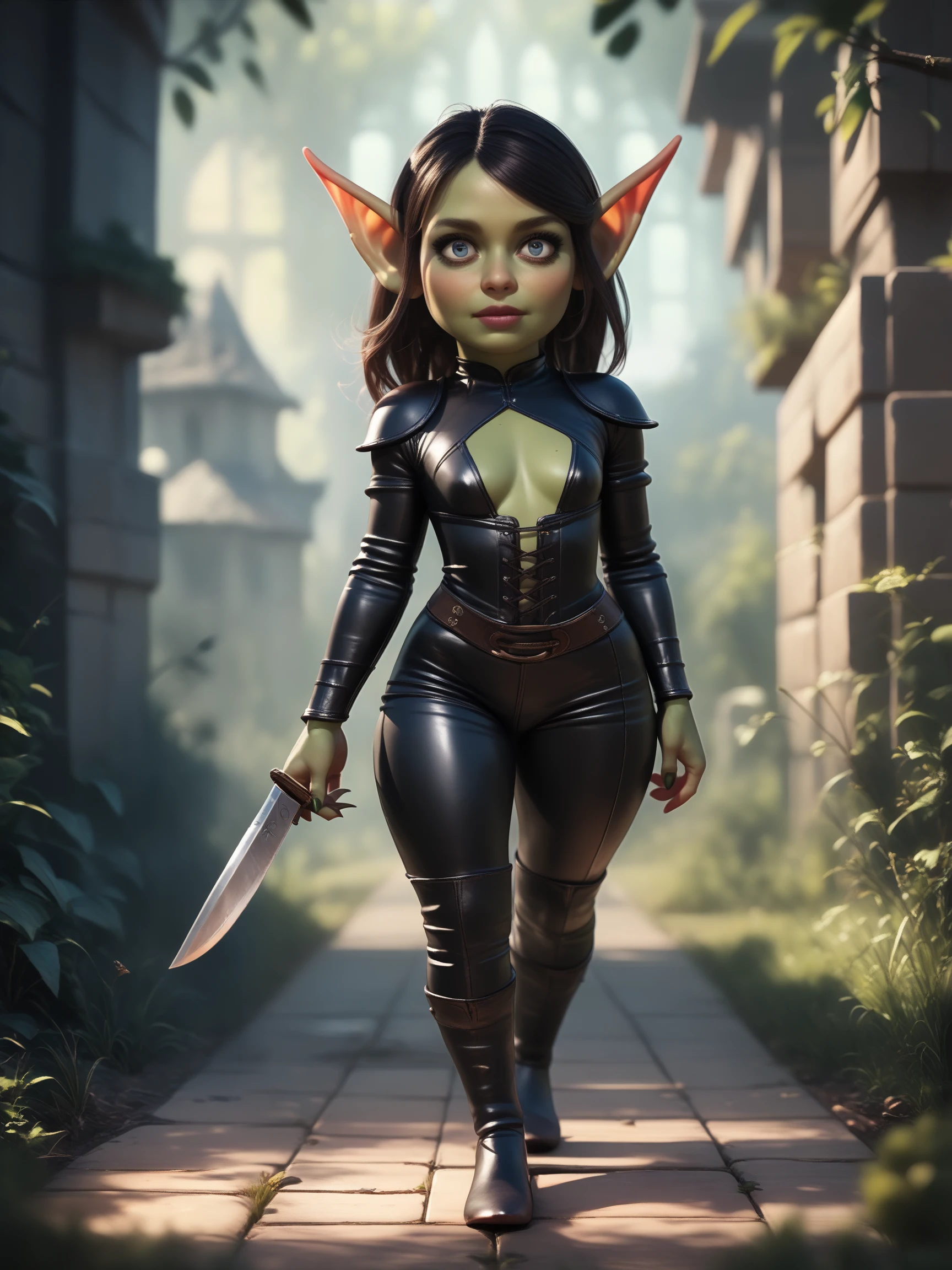 score_9, score_8_up, score_7_up, score_6_up, score_5_up, score_4_up,
<lora:imp-ponyxl-v1:1.3>, green imp, pointy ears, short stack,
a beautiful woman in a fantasy dungeon, holding a knife, walking, wide eyes, leather outfit, ultra realistic, (high quality, detailed, beautiful), detailed beautiful eyes, realistic, outstanding,
<lora:add-detail-xl:0.7> <lora:xl_more_art-full_v1:0.1>