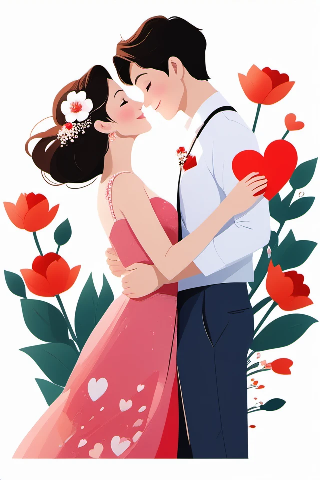 Valentine's Day,Flat painted style,1girl AND 1boy,hair ornament,flower,simple background,<lora:lbc_Valentine's Day_XL:0.6>,love,romantic,masterpiece,