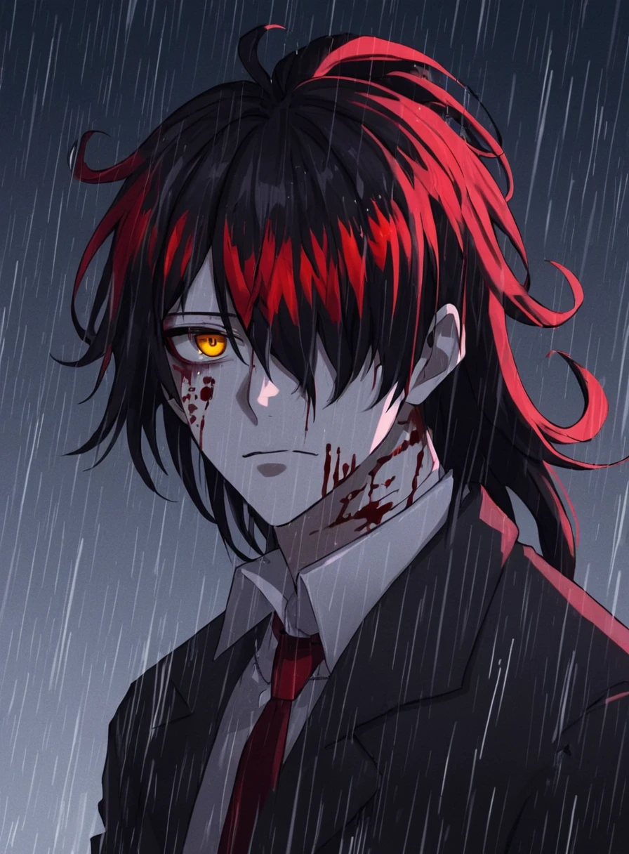 vox in tokyo ghoul,Tokyo Ghoul influence,tokyo ghoul,shadow,solo,long hair,blood,blood on face,serious,bangs,high ponytail,black hair,yellow eyes,male focus,red hair,multicolored hair,medium hair,hair over one eye,makeup,eyeshadow,red eyeshadow,rain,dusk,high-detail digital illustration,(dark background:1.1),anime style,strong facial features,contrasting colors,upper body,<lora:voxl-000002:1>,
