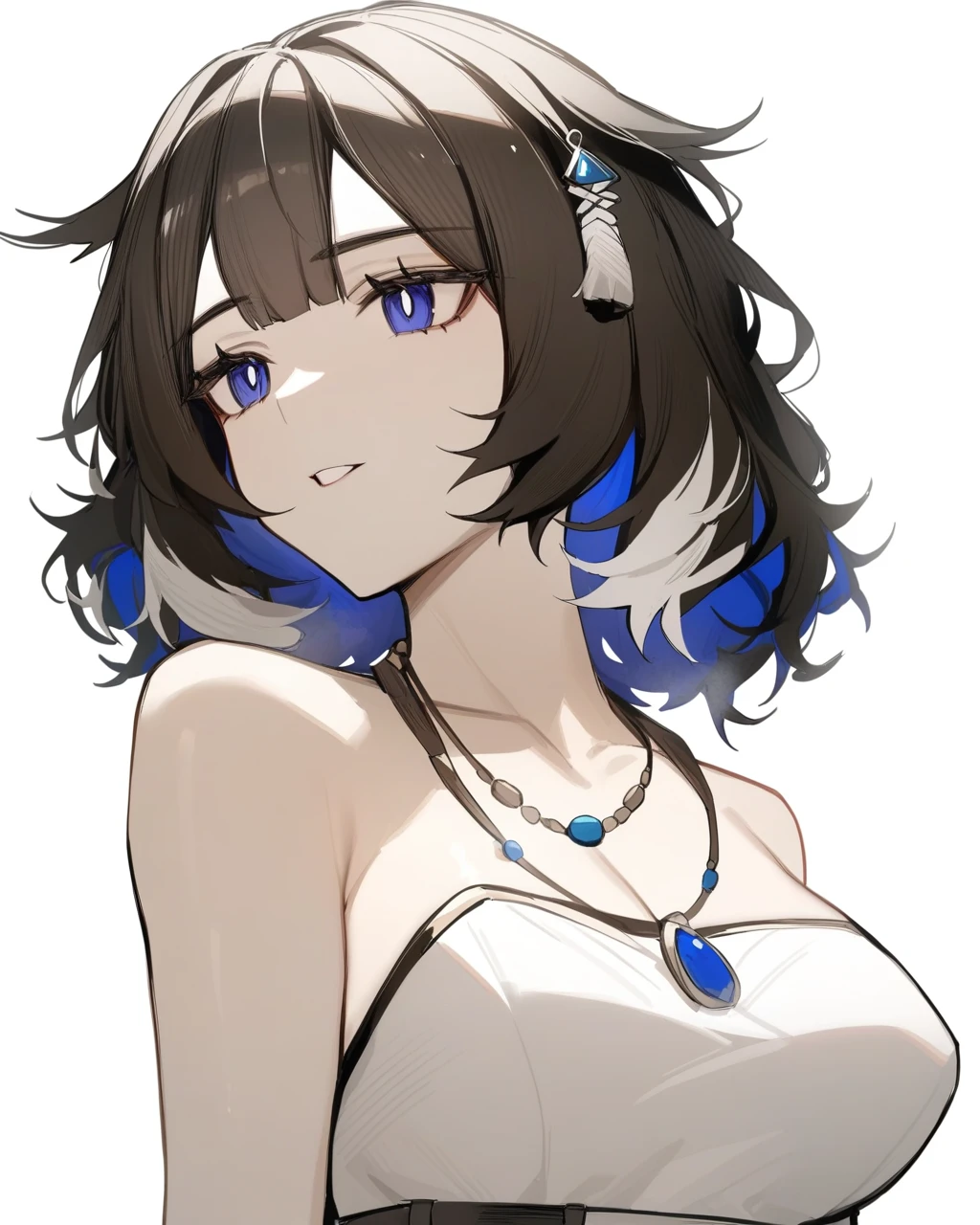 masterpiece,best quality,<lora:kjera:1>,kjera (arknights), 1girl, solo, white background, simple background, upper body, parted lips, teeth, medium breasts, white dress, necklace