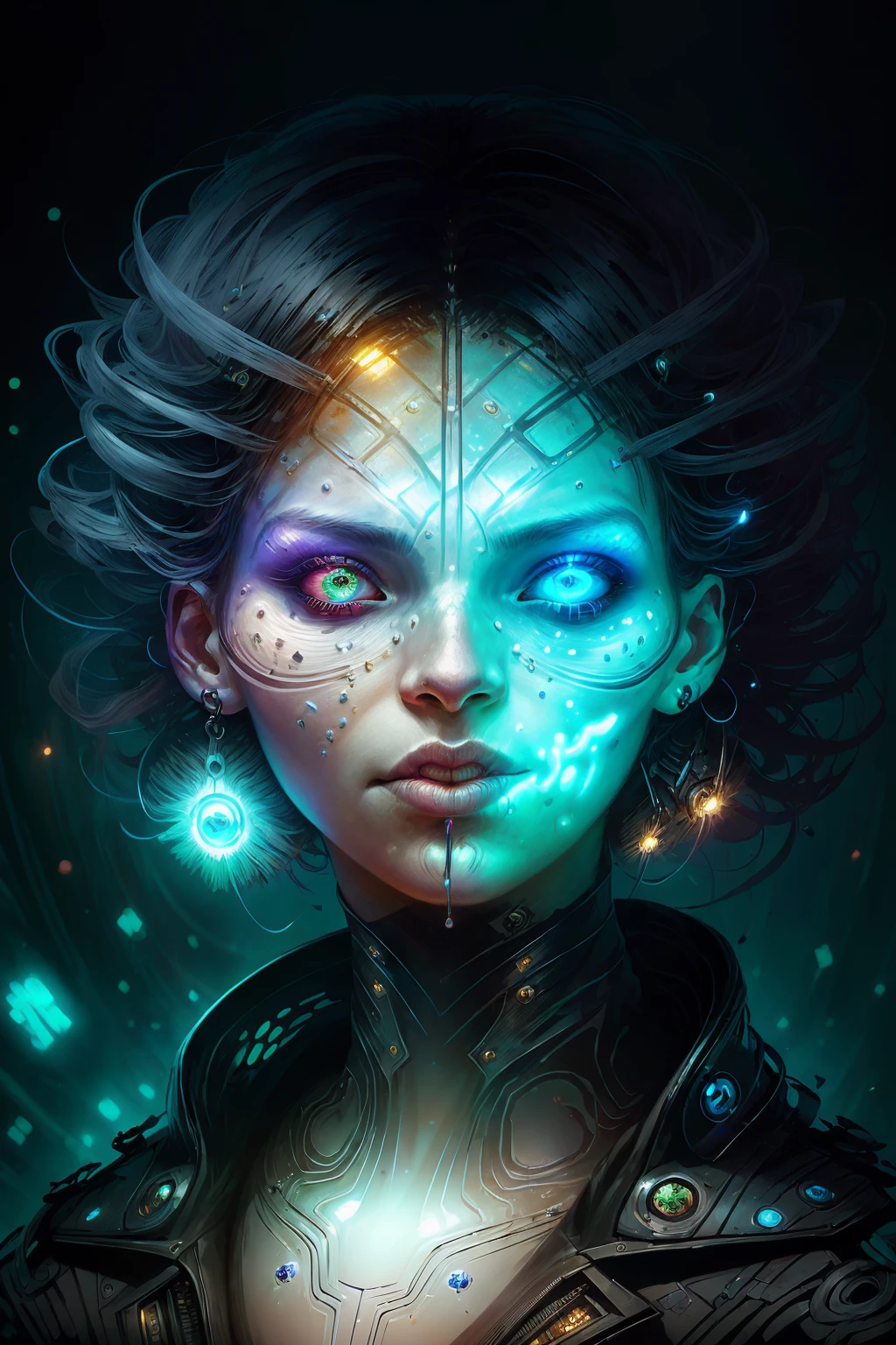 Combining Alejandro Burdisio's style with Aleksi Briclot's flair, A stunning close-up of a woman (whose face is illuminated by sweeping digital light:1.6) amidst an array of (intricate random shapes that form the backdrop:1.2), creating a mesmerizing void filled with pulsating energy and allure, monsters00d <lora:monsters00d:0.6>