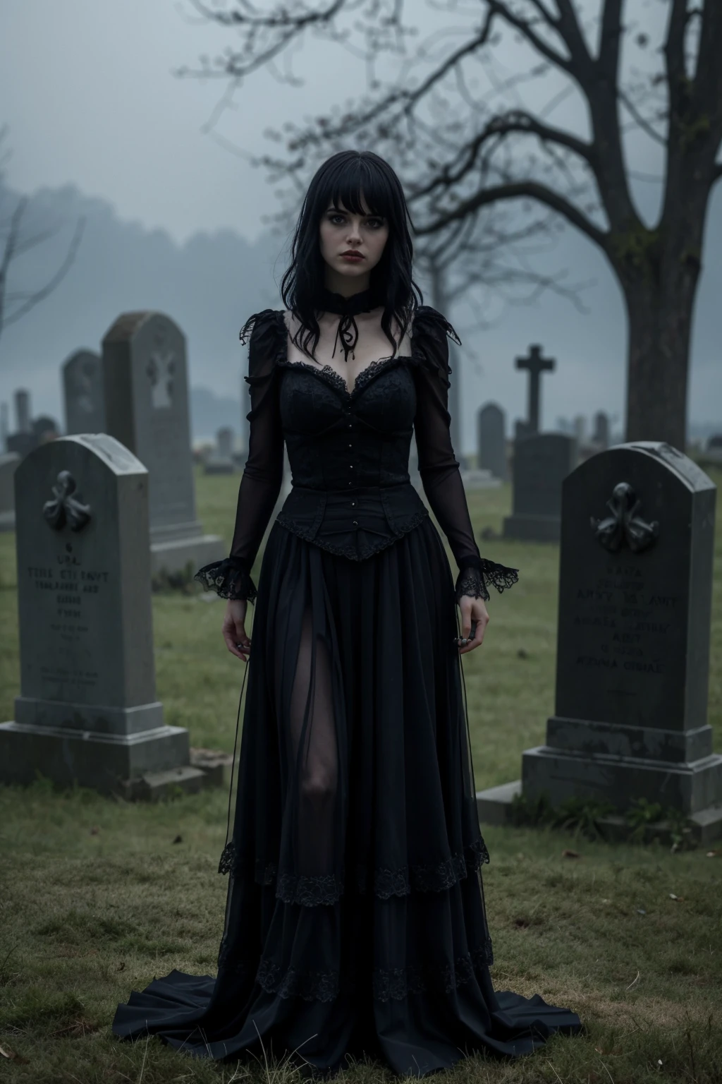 score_9, score_8_up, score_7_up, score_6_up, source_anime, masterpiece, newest,
1 girl, solo, skinny, elegant gothic dress, fine fabric detail, lace pantyhose, lace gloves, black hair, hair covering eyes, bob haircut, cemetery , blindfold, pantyhose,
shiny skin, simple background, dark background, at night, fog