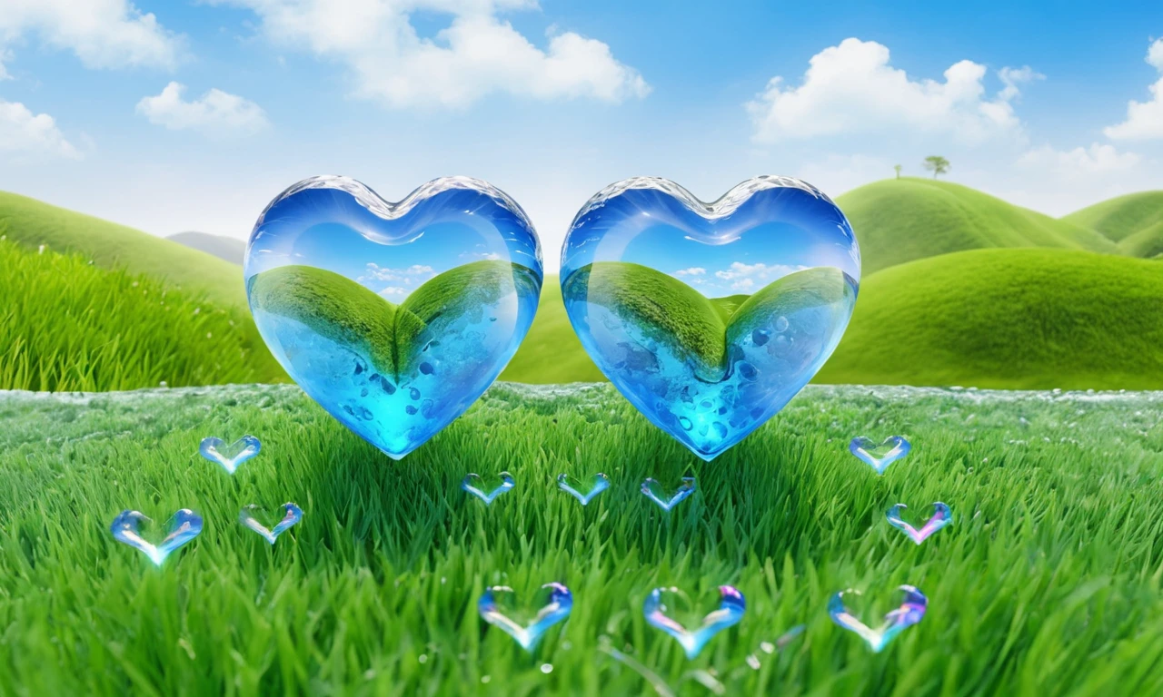 FA style UHD symmetrical 8k wallpaper, translucent plastic heart emoji water splash in the center of grass covered rolling hills, blue cloudy sky, lens flare, octane render