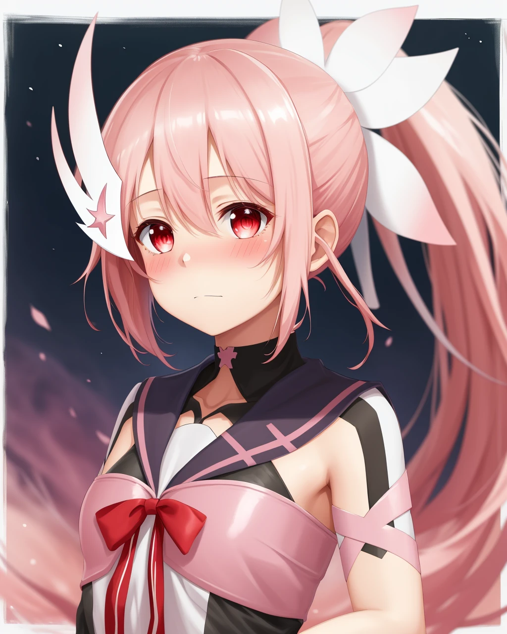 <lora:Yuuki_Yuna-10:0.8>,1girl, solo, blush, hair ornament , ribbon, hair between eyes,(very long hair), ponytail, (pink hair),(red eyes),side ponytail,magical girl,