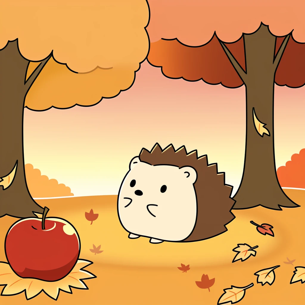 Visualize a cozy autumn forest clearing, where a small, cartoon-style hedgehog sits atop a golden-yellow leaf. The setting is simple, with a few scattered leaves around and a single, ripe red apple that the hedgehog is gently nibbling on. The background is a soft gradient of fall colors, giving the impression of a sunset without showing the sun. The hedgehog's quills are styled in minimalistic lines, and its eyes are large and gleaming with contentment. The scene radiates a calm and snug vibe, capturing the essence of autumn's peaceful solitude, <lora:sanrio:0.8>