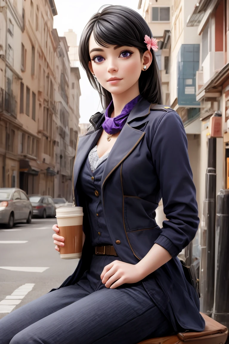 realistic, masterpiece, profesional image trending on artstation of 1 gilr Aruni,<lora:Aruni_from_Rainbow_Six_Siege:0.66> 1girl, aruni , purple eyes, slender, small breasts, black hair, flower in hair, scar on face,frock coat, cravat, and pocket watch , Sitting on a chair with one hand on the knee and the other hand holding a cup of coffee or tea, with a relaxed and confident expression on the face.  , (((in modern city streeet  background,))) perfect quality, rim lights, detialed,  full body shot   ,   perfect body proportions,   realistic skin details  BREAK,  ultrasharp, ultradetailed, perfect quality, masterpiece, intricated details, ultra clear,  <lora:add_detail:0.7>, <hypernet:sxzBloom_sxzBloom:0.3>,  detailed skin perfectly detailed face, sharp face,