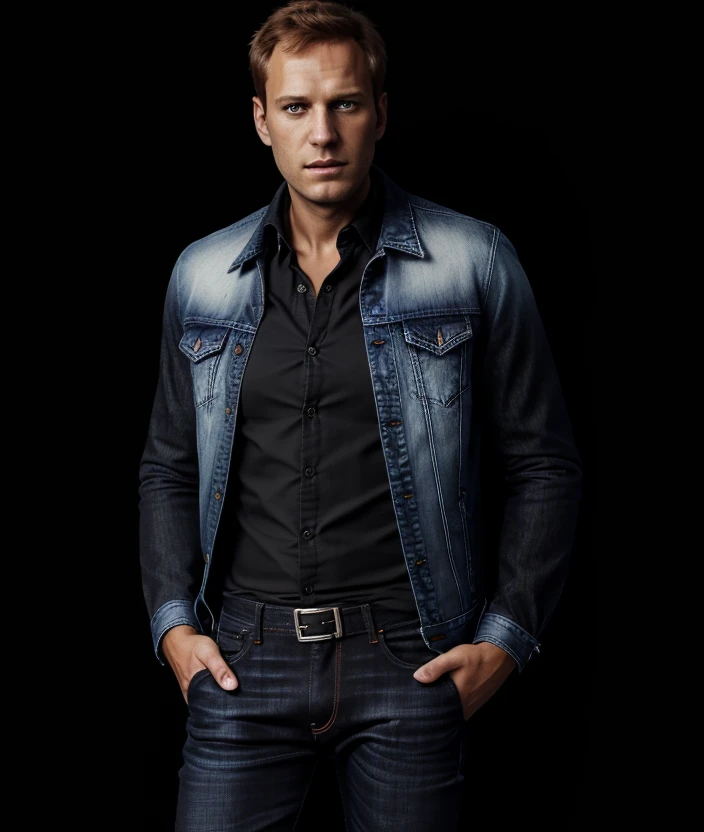 a3l2n2x , Ultra-HD-details, ((black background)), detailed eyes, Spectacular light, 1man, upper body, Shirt, jacket, jeans 