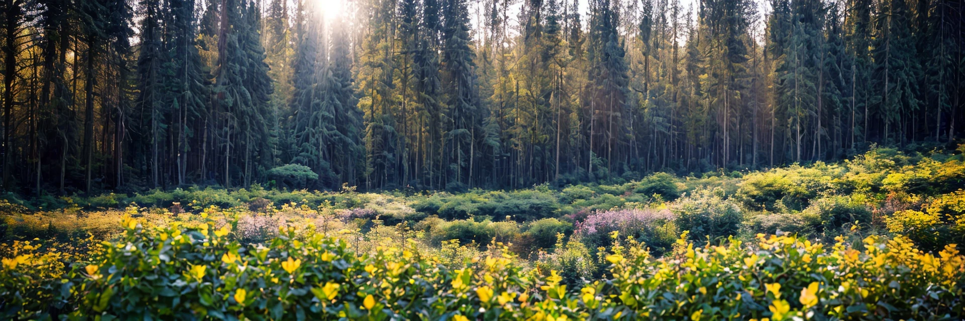 Bright sun shining through colourful dense garden forest.