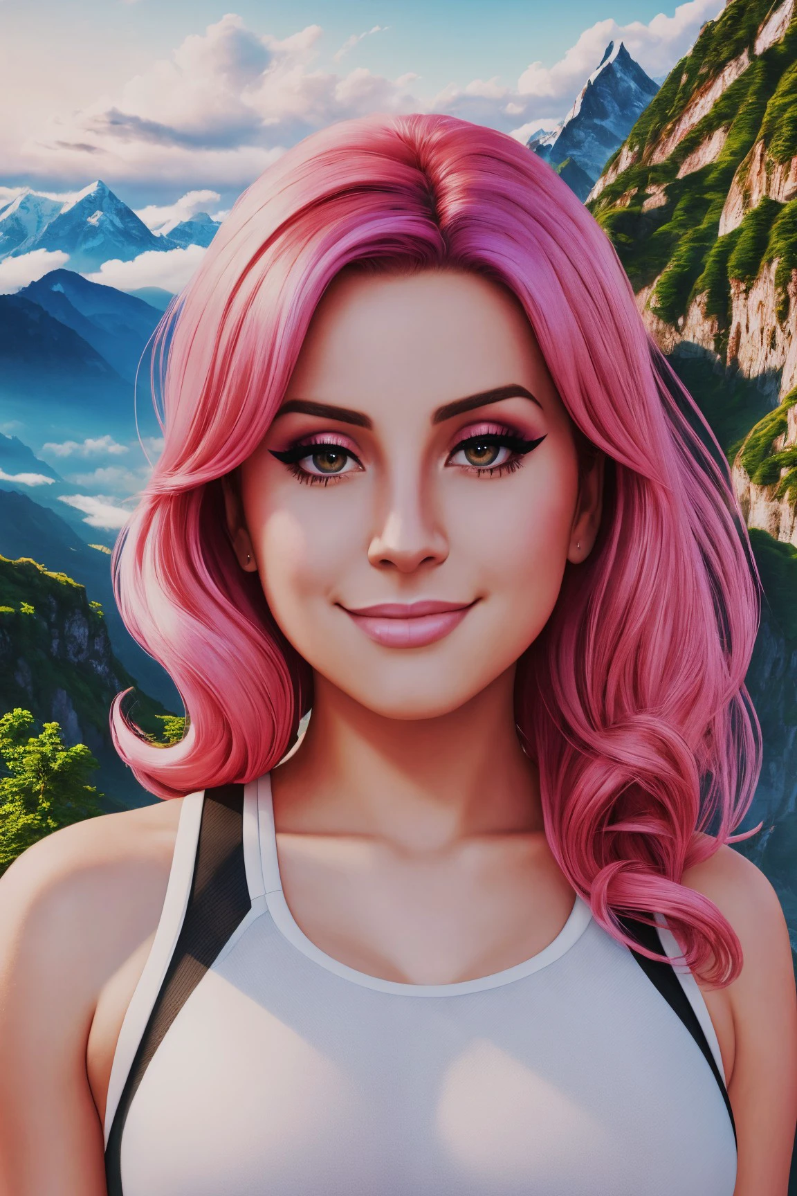 amelie reyhart mid shot close up, pink hair, young, makeup, smiling,
beautiful face, masterpiece, highres, realistic,
Sports Bra,
Cliffside monastery and misty mountain backdrop,
<lora:amelie_reyhart:0.85>