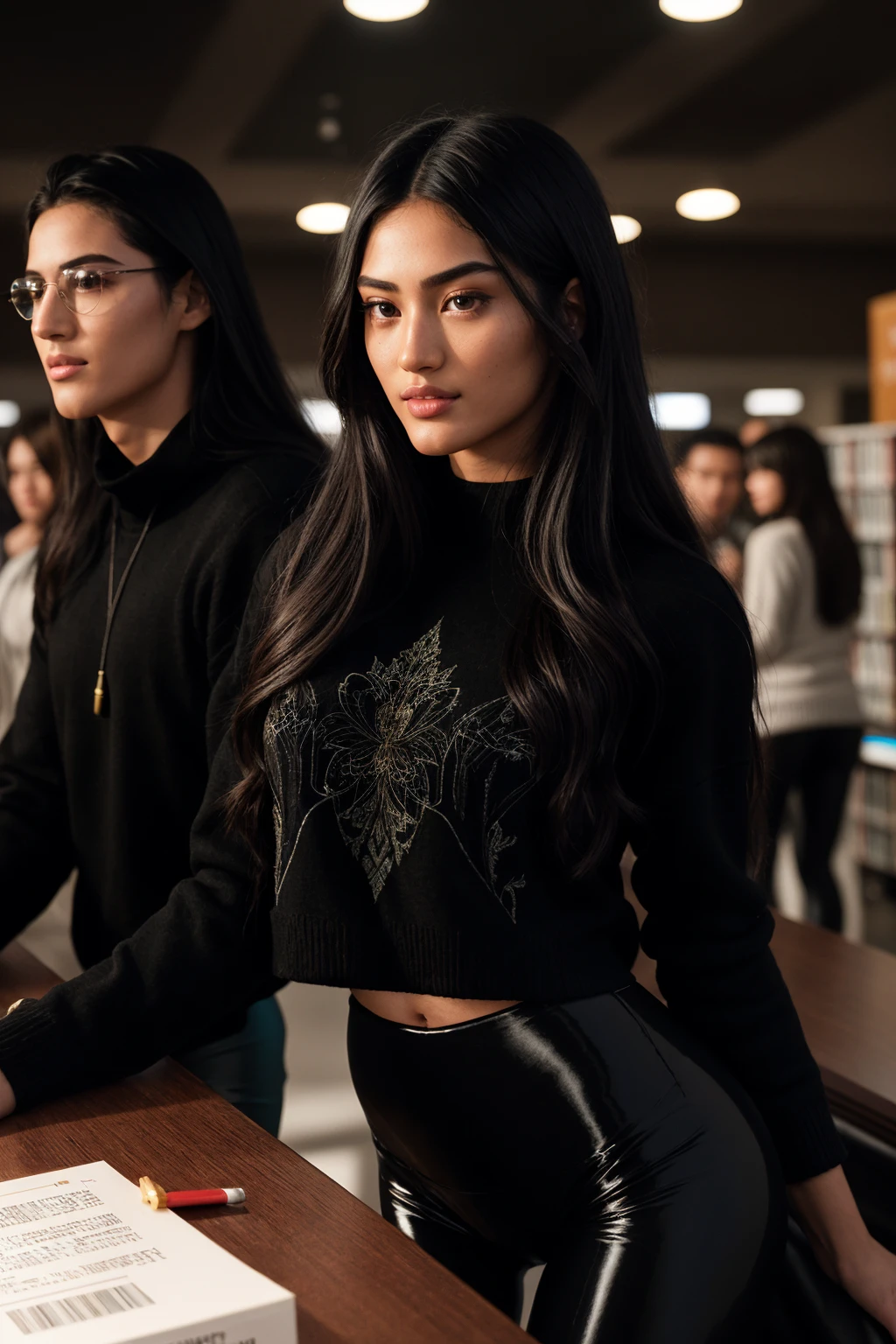 (CINEMATIC SHOT:1.4)(Packed College library:1.4)College Girl TrualityCampus_Jessy (Shiny Black Leggings and BlackSweater:1.4)((Photo Focus, DOF, Aperture, insanely detailed and intricate, character, hypermaximalist, elegant, ornate, beautiful, exotic, revealing, appealing, attractive, amative, hyper realistic, super detailed, (lens flare:1.1) heresy flares))(studying:1.4)(flirting with men:1.5) <lora:people_count_slider_v1:4>