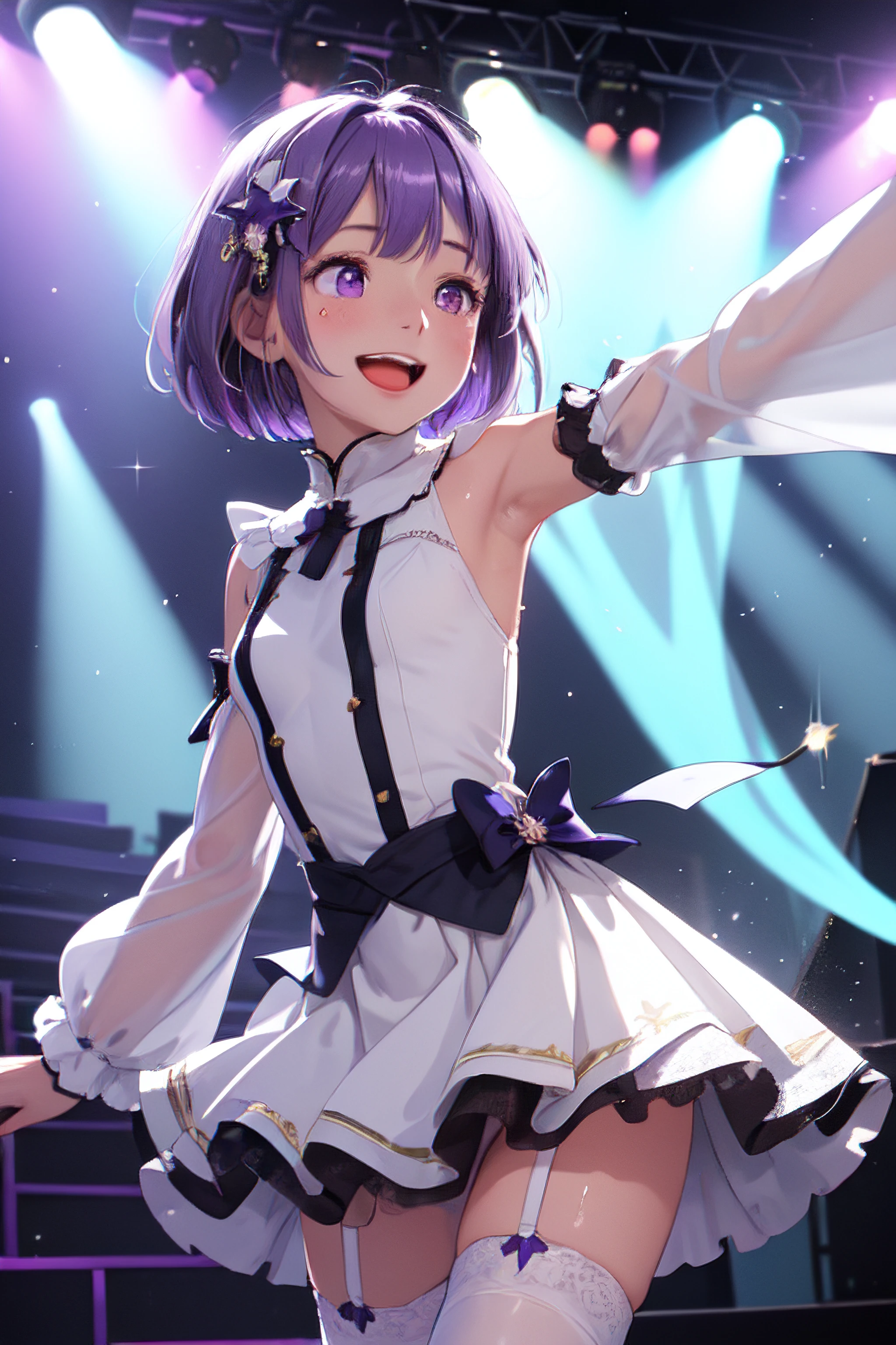 Alisa wears a white short sleeved shirt with the sleeves rolled up and a short checkered skirt, colored in shades of blue. She also wears blue knee length socks, black shoes and a red bow tie around her neck. This outfit is accessorized with a small wristwatch and her trademark flower hair ornamentation. SPARKLE; GLITTER