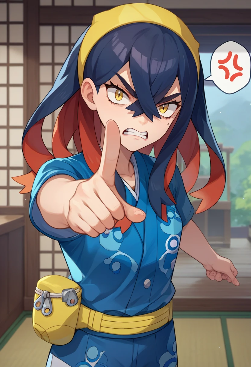 score_9, score_8_up, score_7_up, source_anime, solo, 1girl, pokemoncarmine, angry, shouting, looking at viewer, pointing at viewer, spoken anger vein, mole under eye, hairband, blue shirt, kimono, short sleeves, blue shorts, pouch, indoors <lora:pokemon_carmine_ponyXL:1>
