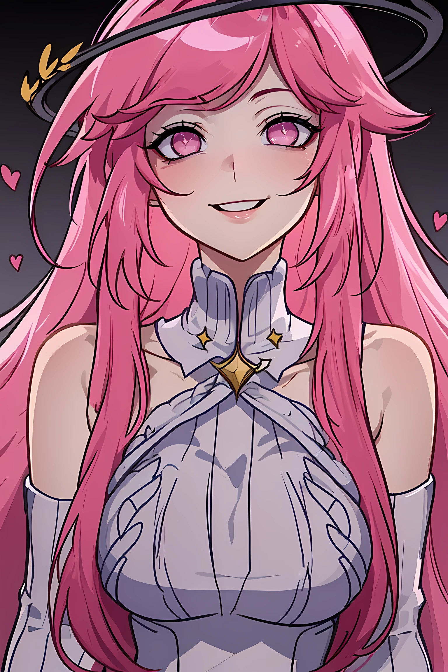 masterpiece, best quality, very detailed illustrations, high-quality lighting, <lora:Sierin-15:0.6>, 1girl, solo, heart-shaped pupils, long pink hair, pink eyes, (halo), portrait photo, (high neck sweater), smile,