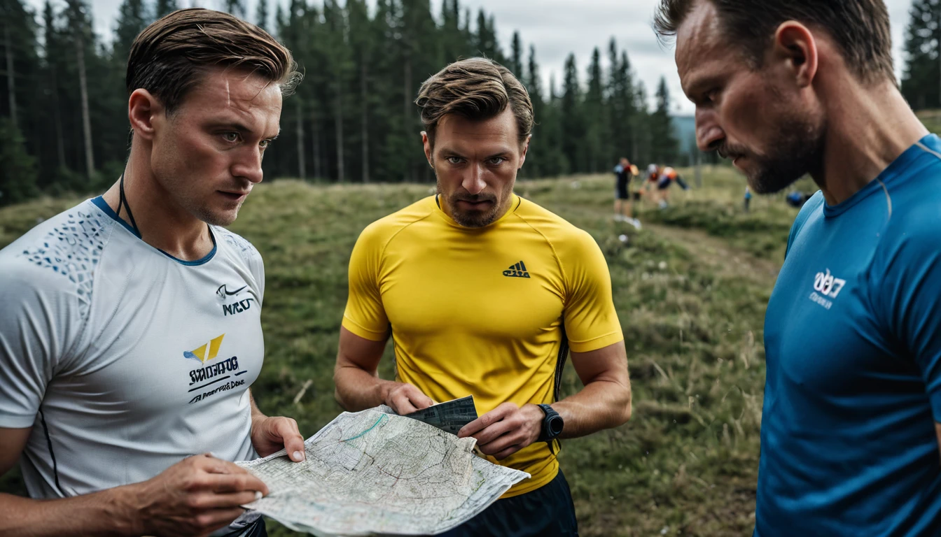 men looking at an orienteering map, orienteering race, sweden, 