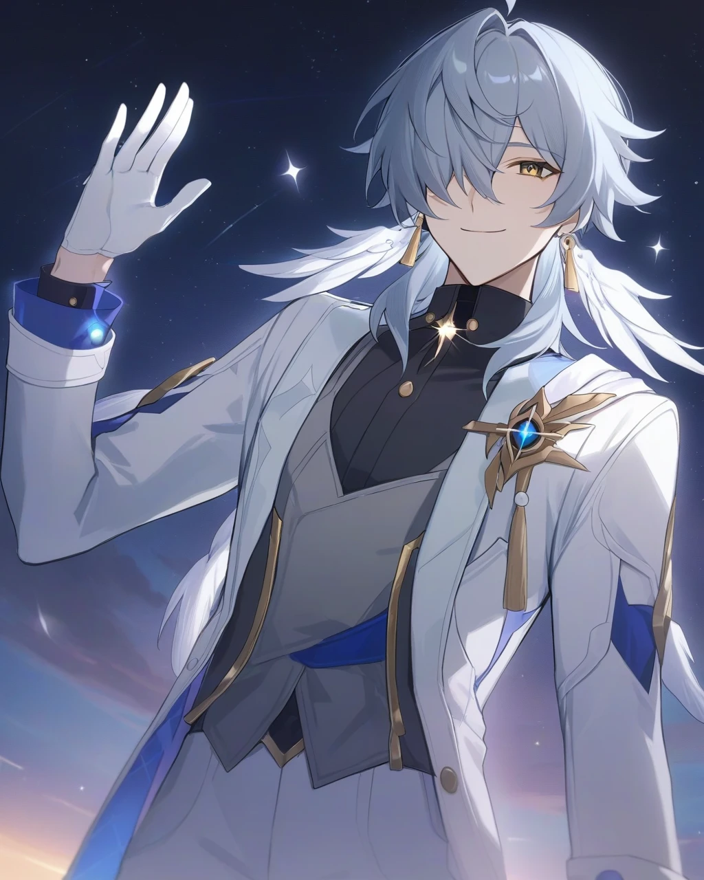 masterpiece,best quality,<lora:robin_sunday:1>,sunday_(honkai:_star_rail), pants, grey_vest, gold_trim, standing, open_clothes, black_shirt, sidelocks, white_coat, one_eye_covered, sky, tassel, smile, vest, hands_up, starry_sky, looking_at_viewer, gloves, solo, star_\(sky\), sparkle, glint, diffraction_spikes, open_coat, hand_up, shirt, hair_over_one_eye, long_sleeves, jewelry, white_gloves, white_jacket, jacket, ahoge, open_jacket, 1boy, male_focus, feathers, earrings, white_pants, coat