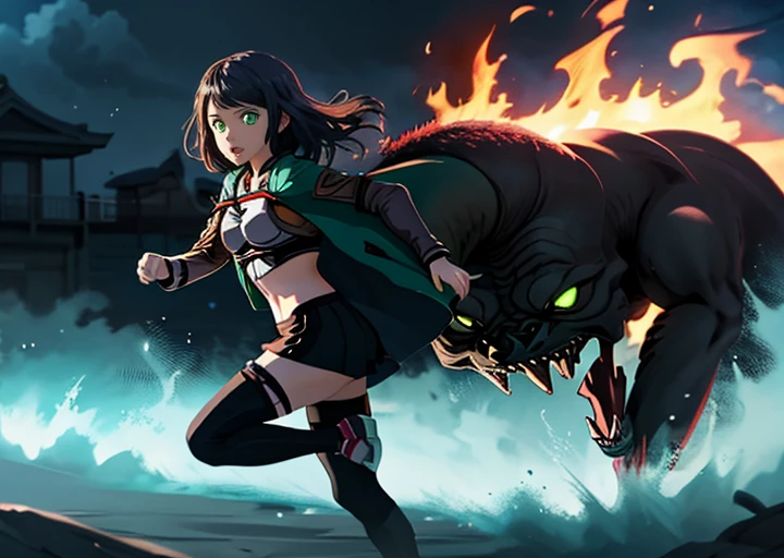 professional illustration, good quality, good anatomy, 1girl, hondakoharu, <lora:honkoharu-03:0.75>,
hondakoharu, 1girl, a girl with green eyes, running away scared from a monster