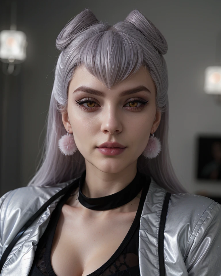 evelol, 1girl, white hair, black bondage bra, darkblue jacket, closeup, portrait, headshot, ((extremely detailed face)),